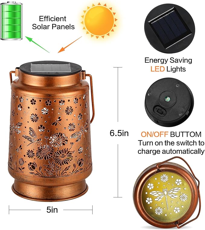 Dragonfly Solar Lanterns Outdoor Waterproof Daisy Garden Decor Birthday Gifts for Women Mom Grandma Hanging Solar Lights Metal Lantern Decoration Outside for Porch,Patio,Yard,Backyard