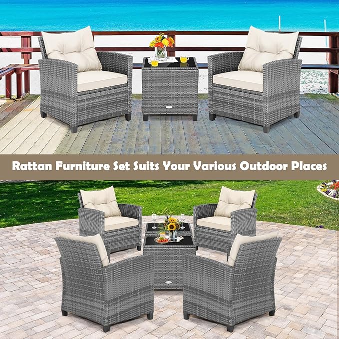 Tangkula 3 Pieces Patio Furniture Set, PE Rattan Wicker 3 Pcs Outdoor Sofa Set w/Washable Cushion and Tempered Glass Tabletop, Conversation Furniture for Garden Poolside Balcony (Mix Grey-White)