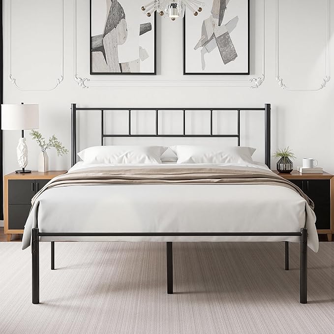 VECELO Queen Metal Platform Bed Frame with Headboard, Heavy Duty Steel Slat Support, Under Bed Storage,No Box Spring Needed, Easy Assembly