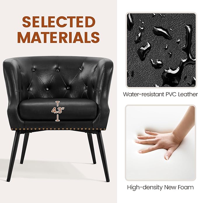 Yaheetech Modern Accent Chair, Faux Leather Retro Armchair, Upholstered Barrel Chair with Metal Leg and Comfy Seat Cushion for Living Room Bedroom, Black, Set of 2