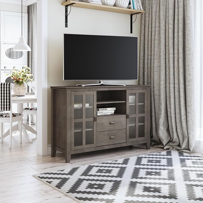 SIMPLIHOME Artisan SOLID WOOD 72 Inch Wide Contemporary TV Media Stand in Fog Grey for TVs up to 80 Inches, For the Living Room and Entertainment Center