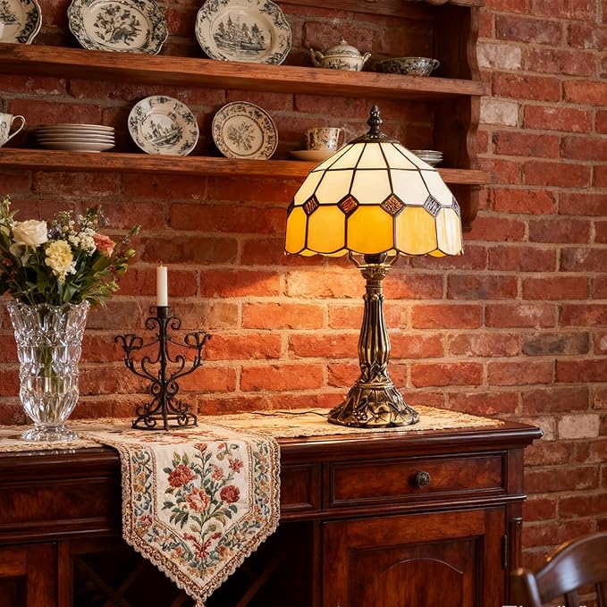 Table Lamp Tiffany-Style 8 Inch Mediterranean Series Stained Glass Lampshades Small Bedside Lamp Reading Antique Desk Light Livingroom Bedroom Office Vintage Art De(Color:Orange)