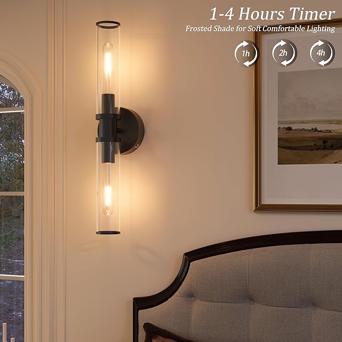 Wireless Wall Sconce with Remote Control, Black Dimmable Rechargeable Battery Sconces Wall Decor Set of 2 with Timer Function for Living Room, Bedroom, Bathroom, Hallway, Entryway 3000K