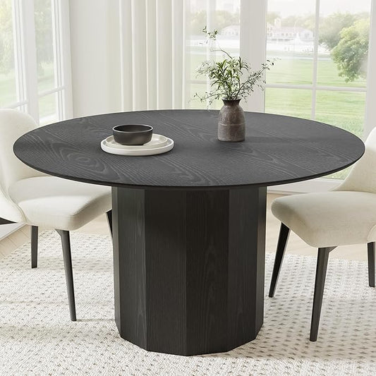 Casaphoria 52" Round Dining Table, Modern Wood Kitchen Table with Cylinder Polygonal Base for Living Room & Dining Room, Easy Assembly Farmhouse Furniture for 4-6, Black