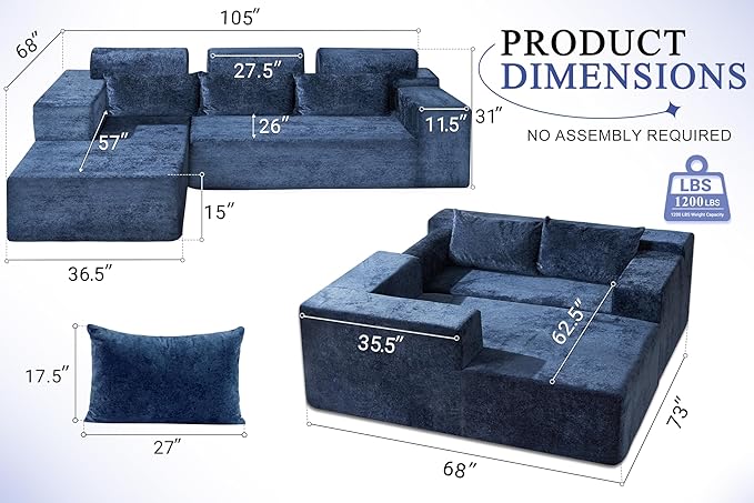 HABUTWAY 105" L-Shape Modular Sectional Sofa Couch for Living Room,No Assembly Required,Modular Comfy Sofa with Deep Seat for Living Room Bedroom,Luxury Distressed Velvet(Left,Blue)