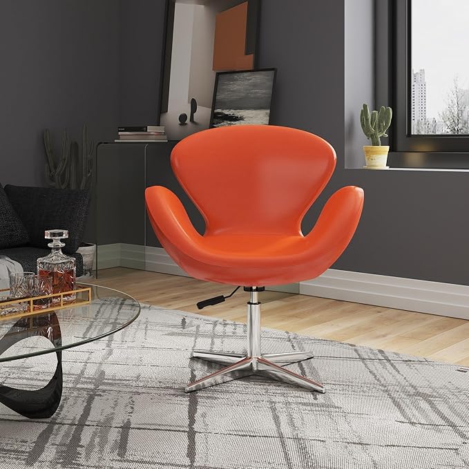 Manhattan Comfort Raspberry Adjustable Swivel Accent Chair with 360° Turn, Polished Chrome Base, Modern Retro Design, Versatile Seat Ideal for Any Room, Set of 2, Tangerine
