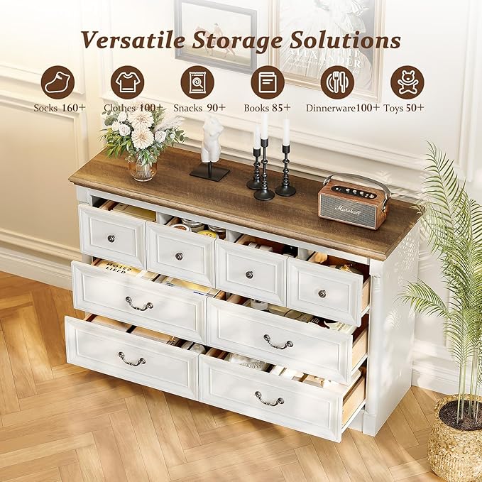 Concho Farmhouse 8 Drawers Dresser for Bedroom, 53'' Wide Wood Chest of Drawers with Spacious Deep Storage Space, Rustic Storage Dressers Organizer, TV Stand for Living Room, Bedroom, Antique White