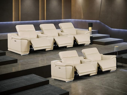 BlackJack Furniture Venice Top Grain Italian Leather Power Recline 8 Piece 5 Seater Sofa - 134" Theater Seating Modern Couch for Living Room Apartment with Adjustable Headrests & USB Port, Beige