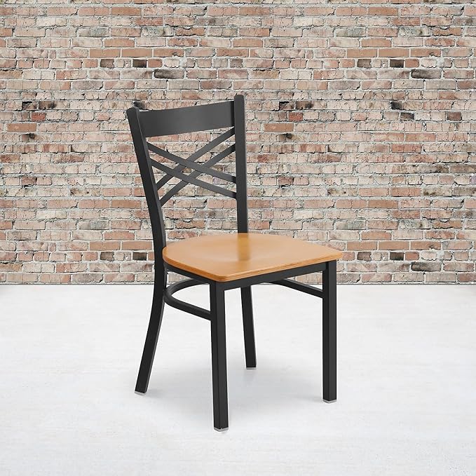Flash Furniture 2 Pack HERCULES Series Black ''X'' Back Metal Restaurant Chair - Natural Wood Seat