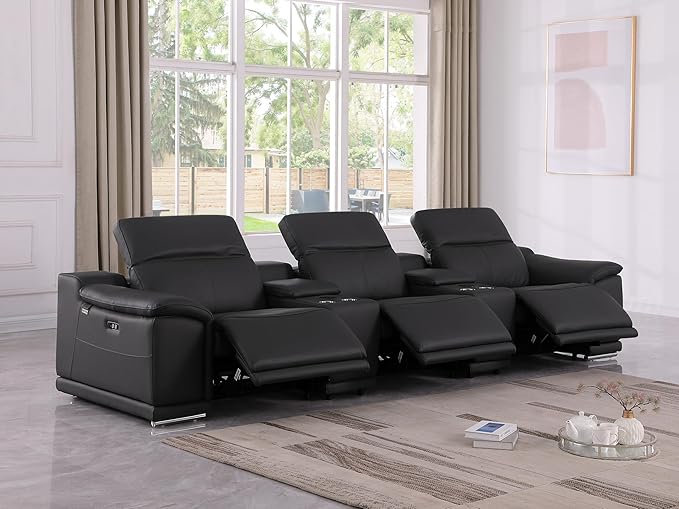 Blackjack Furniture Venice Top Grain Italian Leather Power Recline 5 Piece Sofa - 134" Theater Seating Modern Couch for Living Room Apartment Lounge Home with Adjustable Headrests & USB Port, Black