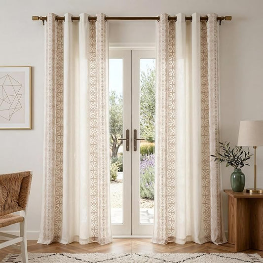 NICETOWN Cream Linen Curtains Floral Pattern Light Sand Embroidery- Elegant Drapes for Living Room, Bronze Grommet Farmhouse Style Luxurious Privacy Protection, W52 x L84, 2 Pcs