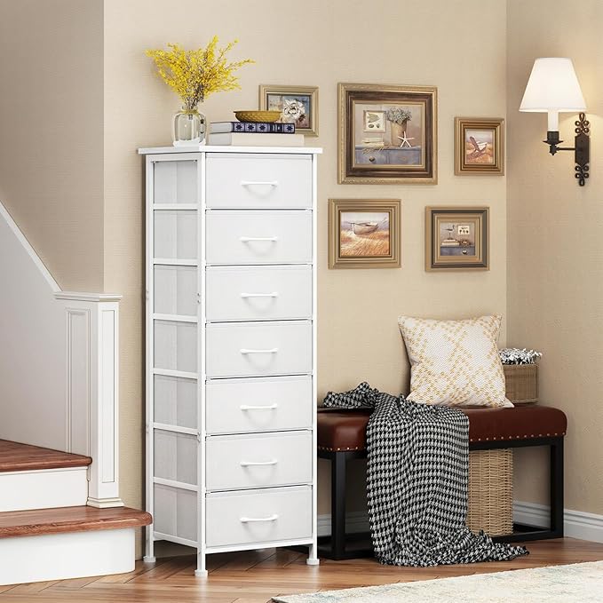 Fixwal Tall Dresser for Bedroom, Storage Dresser Organizer with 7 Fabric Drawers, Nightstand Furniture in Closet, Entryway, Hallway，White