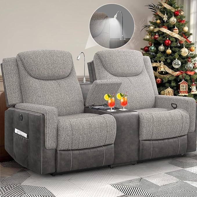Dresegmt Loveseat Recliner Sofa, Manual Reclining Loveseat with Reading Light, Chic Blend Style Sofa, Storage Console, Cup Holders, USB Ports, Fabric & PU Leather, Recliner Couch for Living Room/RV