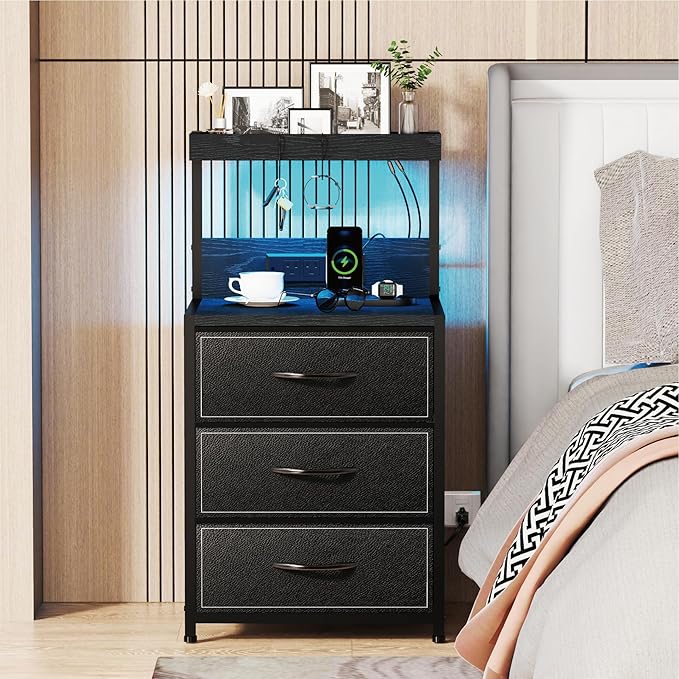 LED Nightstand Set of 2, Dresser Nightstand with 3 Drawers and Type C Charging Station, Storage End Table with Shelf and Hooks, Large Bedside Table for Dorm Bedroom, Black