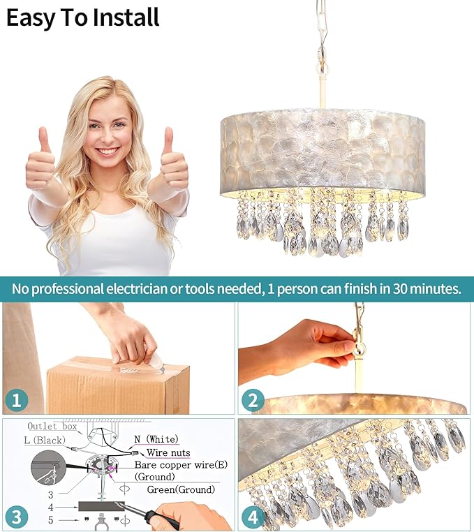 Q&S Boho Coastal Capiz Shell Crystal Chandelier,Modern Glam Luxe Drum D18 inch 4-Light Pendant Light Fixture for Dining Room Living Room Bedroom Kitchen Island Foyer UL Listed