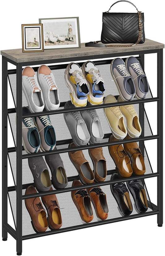 Shoe Rack, 5-Tier Slanted Shoe Storage Shelf, Narrow Shoe Rack for Entryway, Shoe Organizer with Adjustable Feet, Slim Shoe Shelf with Wooden Top and Metal Frame, Greige and Black TXJ02BG