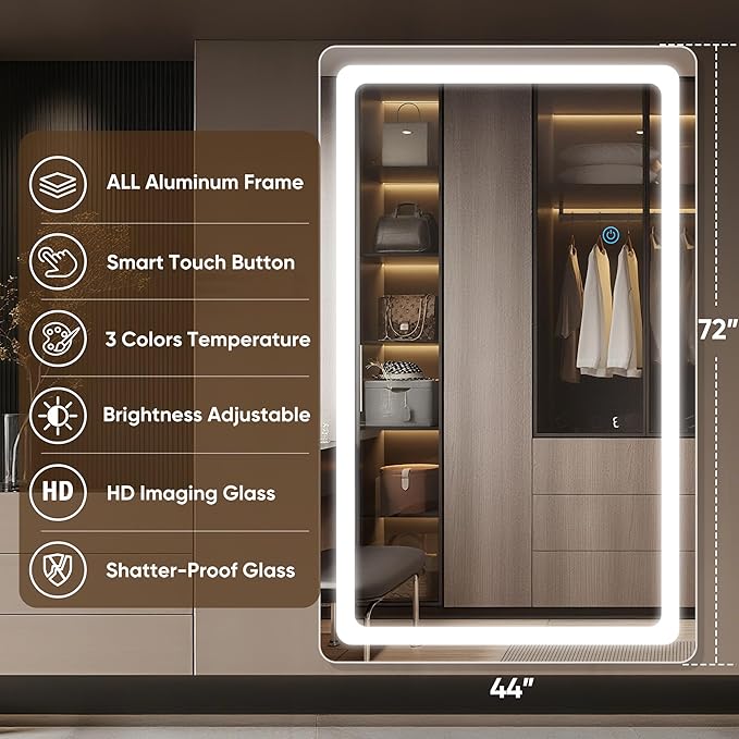 Antok LED Full Length Mirror with Light, 72"x44" Lighted Full Body Mirror with Stand, Dimmable & 3 Color Lighting Standing/Leaning/Wall Mounted Vanity Mirror for Bedroom Cloakroom Livingroom(Rect)