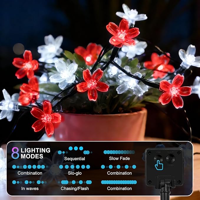 60 LED Solar String Lights Outdoor Waterproof Flower Fairy Lights for Garden Fence Patio Yard Christmas Tree Lawn Wedding Party Decor, Red and Pure White