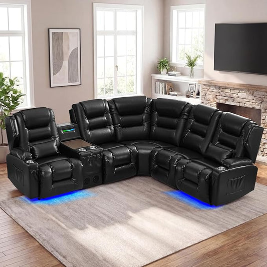 SAMERY Recliner Sectional Couch, Power Reclining Sectional Sofa, Wall Hugger Recliners RV Couch with Corner Couch, Flip-Backrest, Lift-Top Table, Ambient Lights, USB, Faux Leather, Black | Extra Wide Seat, Plush Padding, Dual Power Recline, Lift-Up Tab...