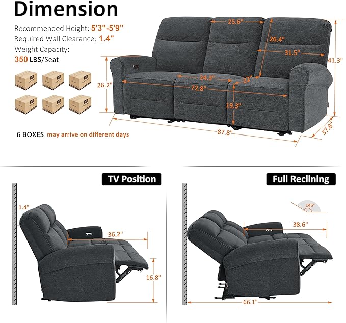 MCombo 87.8" Wall Hugger Power Reclining Sofa, 3-Seat Triple Recliner Couch with USB Ports, Rolled Arm Space Saving Recliner Sofa for Living Rooms Apartments RV, Fabric PR635M5 (Dark Grey) | 1.4" Wall Clearance