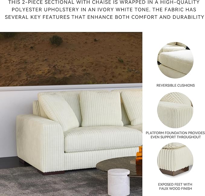 Signature Design by Ashley Lindyn Coastal Right-Arm Facing 2-Piece Sectional with Chaise, Reversible Cushions and 4 Throw Pillows, White