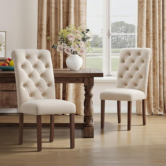 Upholstered Tufted Dining Room Chairs Set of 2, Parsons Kitchen Chairs with Padded Seat and Solid Wood Legs, Fabric Accent Side Diner Chair for Dining Room/Kitchen/Living Room, Beige