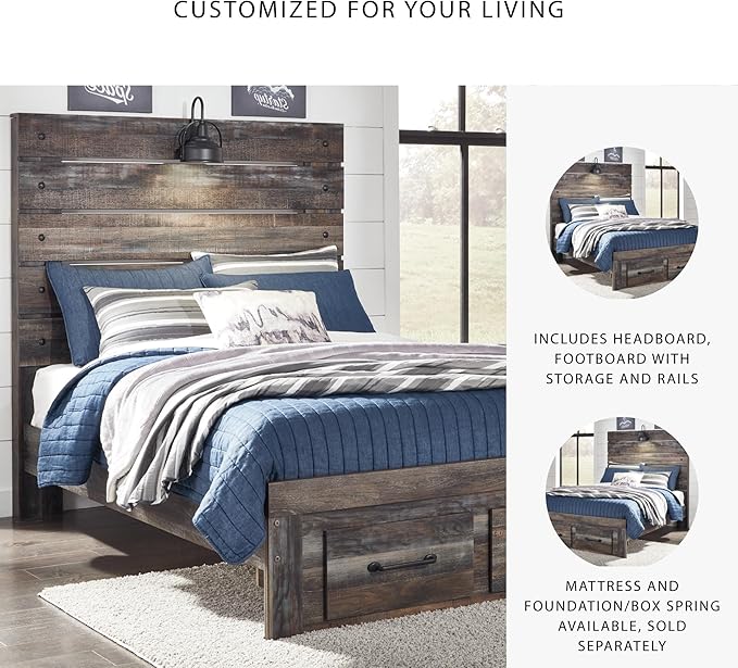 Signature Design by Ashley Drystan Rustic Full Panel Bed with 2 Storage Drawers, Sconce Light and Nailheads, Foundation or Box Spring Needed, Dark Brown & Gray