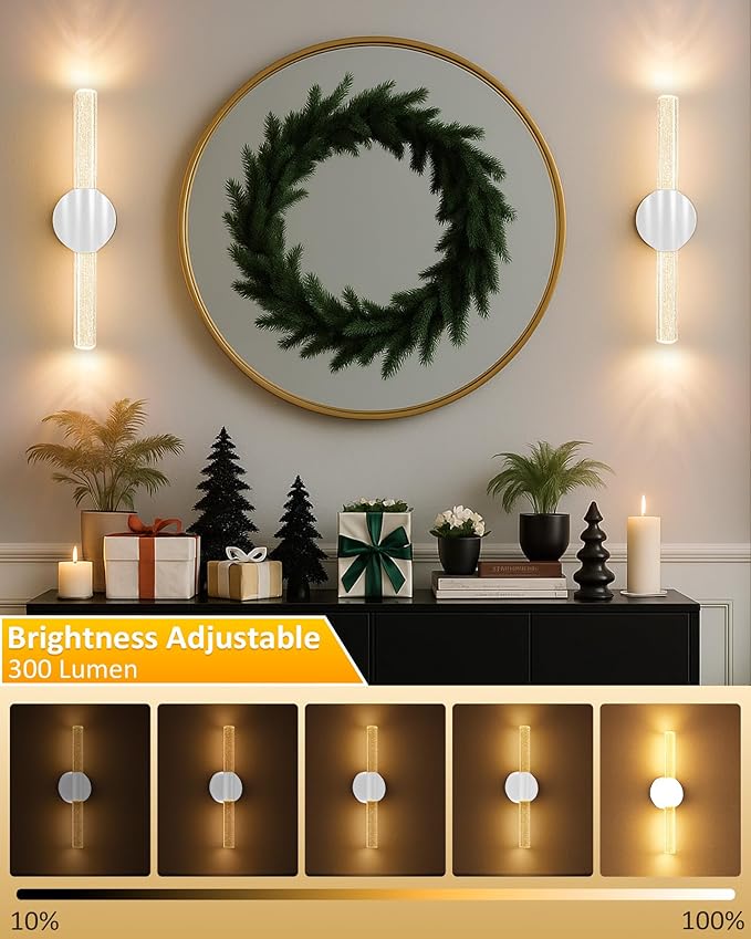 White Rechargeable Wall Sconces Set of 2, White Battery Operated Wall Sconce Set with Remote & Touch, Wireless Wall Sconces Set of Two for Bathroom Bedroom Living Room Decor