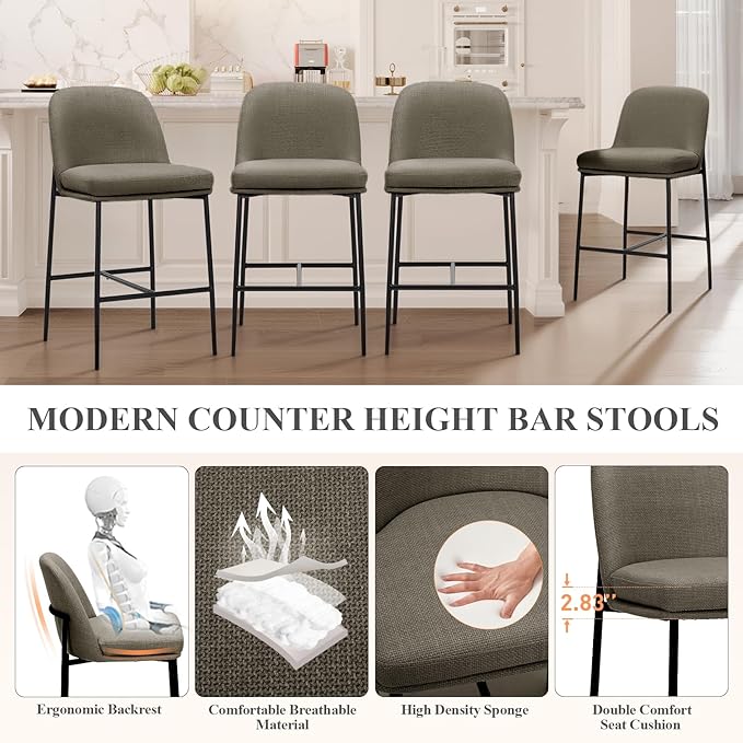 Bar Stools Set of 6, Modern Upholstered Counter Height Bar Chairs with Cushioned Seat and Curved Back, Fabric Kitchen Island Stools with Sturdy Metal Legs for Dining Room Island Bar, Brown