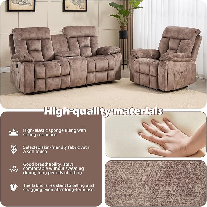 CANMOV Recliner Sofa Set, Power Lift Recliner with Massage&Heat and Loveseat Set, Reclining Sofa with Storage Console,Hidden Cup Holders, for Living Room, Camel-Brown
