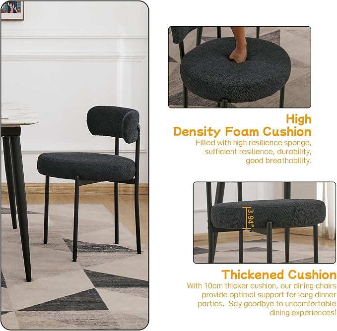 EDWELL Black Boucle Dining Chairs Set of 2, Mid Century Modern Kitchen Dining Chairs with 3.94” Cushions and Metal Legs, Round Upholstered Boucle Chairs for Kitchen, Living Room