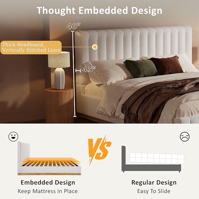 Merax King Bed Frame Upholstered Platform Bed with Linen Headboard, Wing Edge Design/Non-Slip and Noise-Free/Wooden Slats Support/No Box Spring Needed/Easy Assembly,King