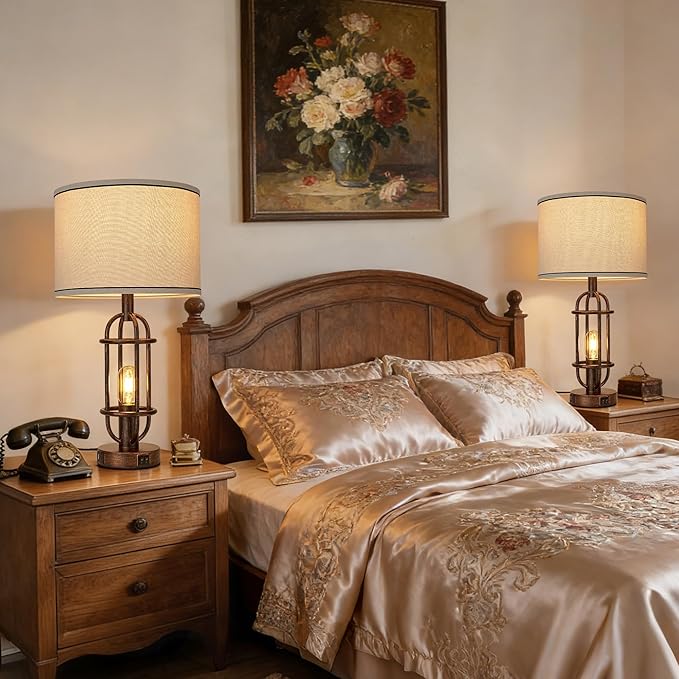 Table Lamps for Living Room Set of 2, 22.3" Farmhouse Lamps for Nightstand, Industrial Table Lamps for Bedroom with USB Ports, Retro Bronze
