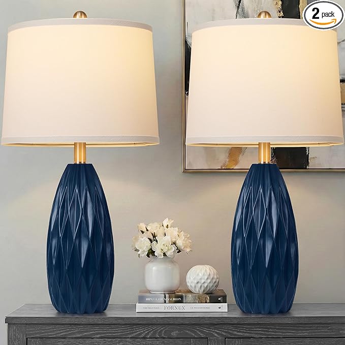 Modern Table Lamp for Living Room, Bedside Lamp Set of 2, Navy Blue Resin Table Lamp, Bedroom Lamp for Nightstand with Linen Shade, Diamond-Shaped Lamp Body,Desk Lamp for House Dorm(2 Bulbs Included)
