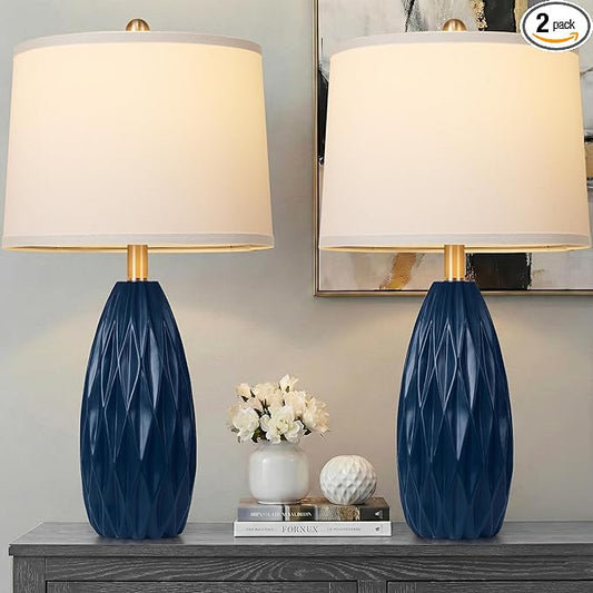 Modern Table Lamp for Living Room, Bedside Lamp Set of 2, Navy Blue Resin Table Lamp, Bedroom Lamp for Nightstand with Linen Shade, Diamond-Shaped Lamp Body,Desk Lamp for House Dorm(2 Bulbs Included)
