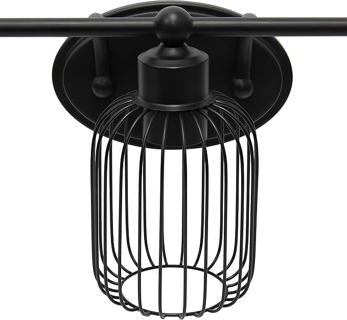 Elegant Designs VT1022-BLK 22" Industrial Farmhouse 3 Light Metal Birdcage Decorative Wall Mounted Vanity Fixture with Matching Metal Oval Backplate, Black