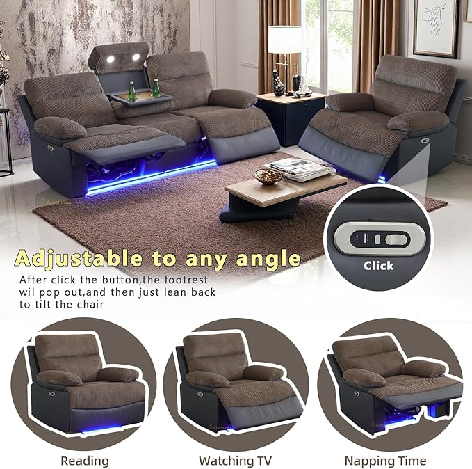 A Ainehome Power Recliner Sofa and Chair with USB Port, Living Room Furniture Sets, Corduroy Sofa Reclining Sectional Couches for Living Room with LED Light/Storage Console/Cup Holders
