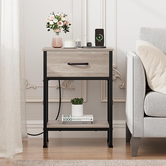 Vagusicc Nightstand Set of 2 with Charging Station, Bed Side Table with Fabric Drawer, Small End Table with 2-Tier Storage Shelves, 25.4" Tall Night Stand Bedside Table for Bedroom Living Room, Greige