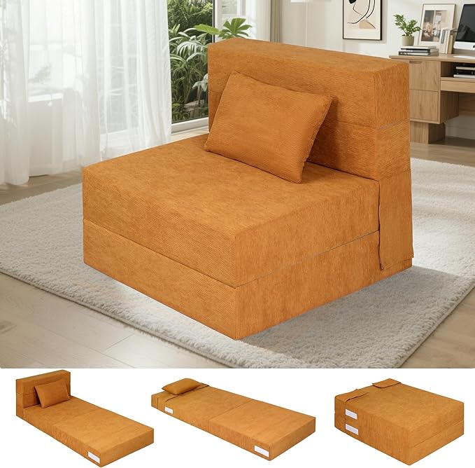 Fvkind Folding Sofa Bed, 4 in 1 Convertible Fold Out Single Chair Bed with Pillow, Memory Foam Futon Chair, Foldable Futon Couch, Foldable Sofa Mattress for Living Room, Bedroom, Guest Room, Yellow