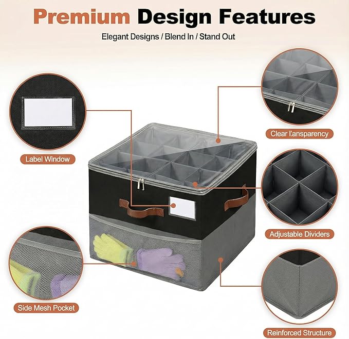 Shoe Organizer for Closet, Foldable Shoe Rack with Clear Cover, Adjustable Dividers for 16 Pairs, Storage Cubby for Wardrobe, Grey & Black