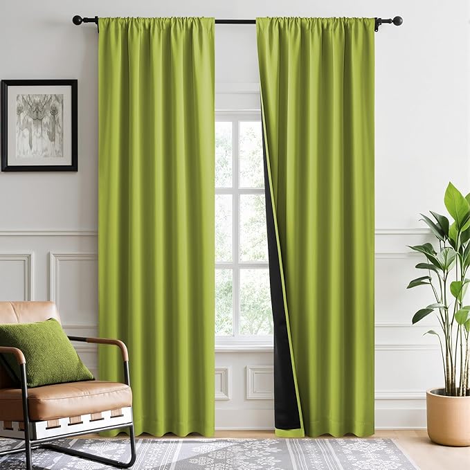 NICETOWN 100% Blackout Curtains for Bedroom, Fresh Green 2 Pieces W52 x L84 Energy Efficient & Thermal Insulated Drapes, Rod Pocket Black Lined Window Treatment Panels for Patio Sliding Glass Door