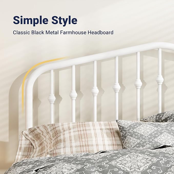 Allewie Queen Size Metal Platform Bed Frame with Vintage Headboard and Footboard, No Box Spring Needed, Easy Assembly, White