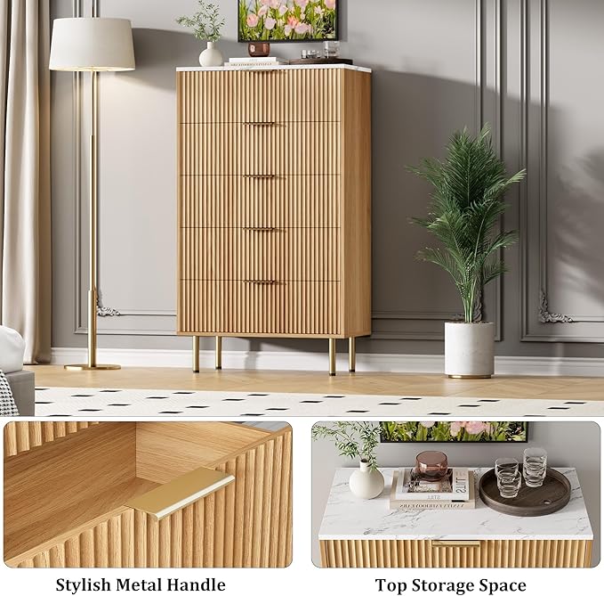 GAOMON 5 Drawer Dresser,Fluted Dresser for Bedroom,47.9" Tall Dressers Chest of Drawers,Wood Tall Dressers with Metal Handle for Closet, Living Room, Entryway