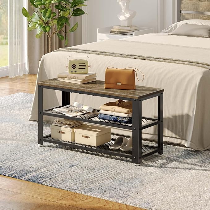Rolanstar Shoe Bench, 3-Tier Shoe Rack, 28.7” Storage Entry Bench with Mesh Shelves Wood Seat, Rustic Foyer Bench for Hallway Front Door, Doorway, Living Room, Mudroom, Steel Frame, Gray
