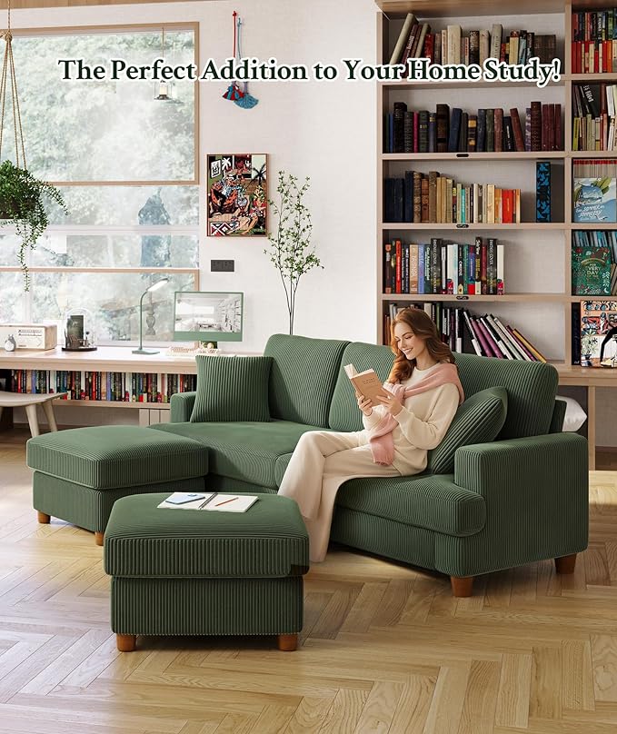Welzona 87.2" Couches for Living Room, Comfy U Shaped Couch Green 7.5" Thicker Cushion, Sofas for Living Room Tool-Free Setup, Loveseat with Ottoman 848lbs Support, Corduroy Couch for Bedroom, Office