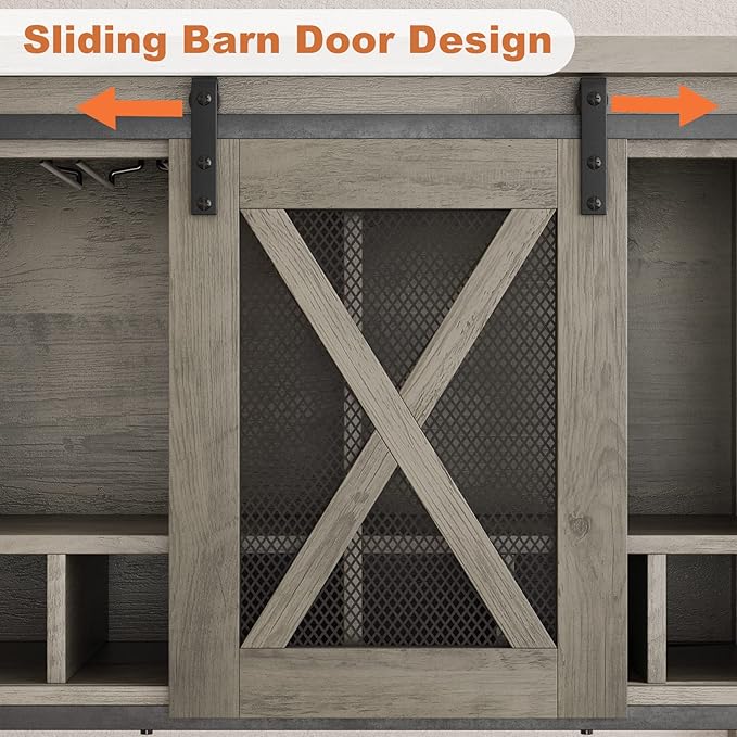 Bar Cabinet, Farmhouse Buffet Storage Cabinet with Wine Glass Rack, Wood Coffee Bar Table Kitchen Sideboards and Buffets with Barn Door, Liquor Cabinet Bar for Home, Dinning, Living Room