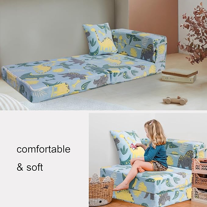 MeMoreCool Glow Dinosaur Tri-fold Sofa Bed for Kids, Foldable Futon Mattress and Chair, Convertible Floor Couch for Playroom