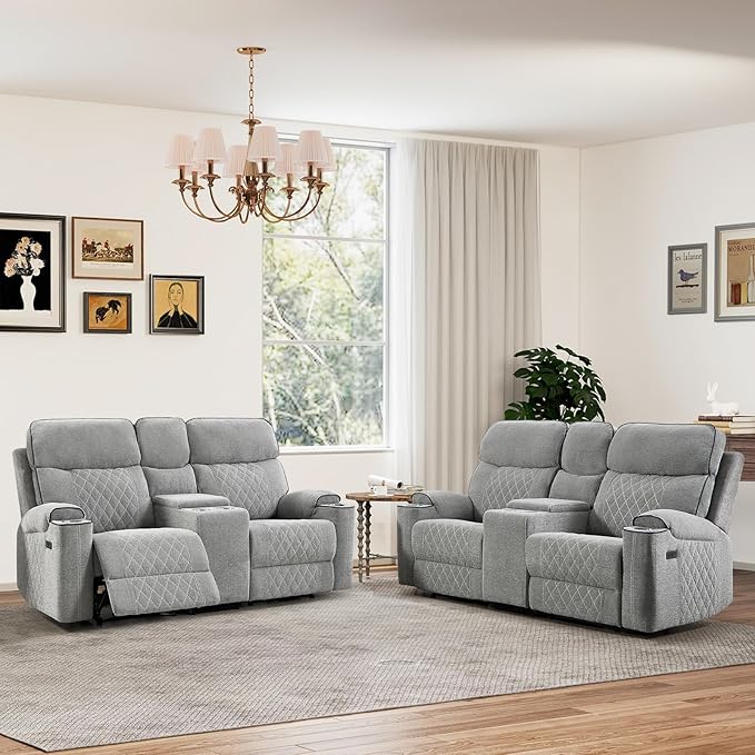 HAOMARKETS Power Reclining Loveseat Sofa Set of 2 with USB & Type-C Charging Port, Breathable Fabric 2-Seater Electric Recliner Couch with Cup Holders & Storage Console for Living Room, Light Grey