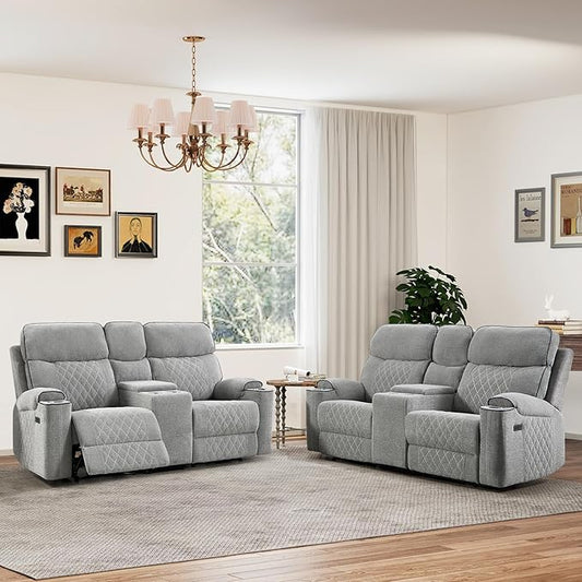 HAOMARKETS Power Reclining Loveseat Sofa Set of 2 with USB & Type-C Charging Port, Breathable Fabric 2-Seater Electric Recliner Couch with Cup Holders & Storage Console for Living Room, Light Grey