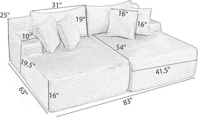 Fluffy Corduroy Double Chaise Lounge Daybed 83-Inch Oversized Loveseat Sleeper Sofa Bed,Boneless Love Seat Recliner Sleeper Couch Full Foam Floor Cloud Sofa Chaise W/6 Pillows for Living Room Bedroom